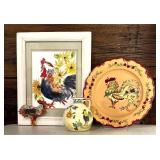 Amazing Decor Including Rooster Framed Watercolor Surrounded by Sunflowers, Provence International Provence Rooster Plate, Ceramic Rooster Pitcher and More