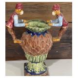 13-Inch Decorative Majolica Style Ceramic Vase with Dual Monkey Figure Handles