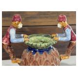 13-Inch Decorative Majolica Style Ceramic Vase with Dual Monkey Figure Handles