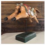 Vintage French Cochon Style Painted Carousel Pig on Wooden Base Whimsical Folk Art