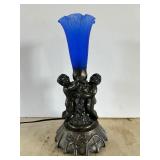 10" Tall Vintage Cherub Lamp with Blue Tulip Glass Shade