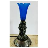 10" Tall Vintage Cherub Lamp with Blue Tulip Glass Shade