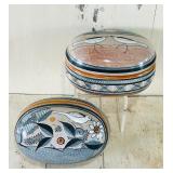 Set of 2 Handpainted Ceramic Boxes with Bird and Floral Motifs