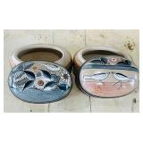 Set of 2 Handpainted Ceramic Boxes with Bird and Floral Motifs