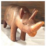 Set of 2 Vintage Hand-Carved Wooden Animal Figures - Rhino and Elephant