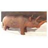 Set of 2 Vintage Hand-Carved Wooden Animal Figures - Rhino and Elephant