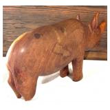 Set of 2 Vintage Hand-Carved Wooden Animal Figures - Rhino and Elephant