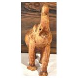 Set of 2 Vintage Hand-Carved Wooden Animal Figures - Rhino and Elephant
