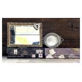 Mixed Decor Lot with Ornate Mirror, Metal Tray, Heart Pendant, and Abbington Park Summer Paris Collector Boxes