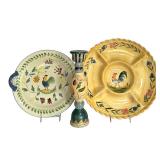 Set of 3 Hand-Painted Rooster Motif Ceramic Serving Pieces