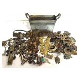 Lot of Crafting Brass Hardware, Keys, and Decorative Metal Pieces in Tin Bin