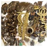 Lot of Crafting Brass Hardware, Keys, and Decorative Metal Pieces in Tin Bin