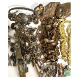 Lot of Crafting Brass Hardware, Keys, and Decorative Metal Pieces in Tin Bin
