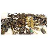 Lot of Crafting Brass Hardware, Keys, and Decorative Metal Pieces in Tin Bin