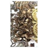 Lot of Crafting Brass Hardware, Keys, and Decorative Metal Pieces in Tin Bin