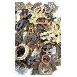 Lot of Crafting Brass Hardware, Keys, and Decorative Metal Pieces in Tin Bin