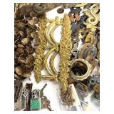 Lot of Crafting Brass Hardware, Keys, and Decorative Metal Pieces in Tin Bin