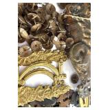 Lot of Crafting Brass Hardware, Keys, and Decorative Metal Pieces in Tin Bin