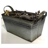 Lot of Crafting Brass Hardware, Keys, and Decorative Metal Pieces in Tin Bin