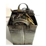 Lot of Crafting Brass Hardware, Keys, and Decorative Metal Pieces in Tin Bin