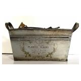 Lot of Crafting Brass Hardware, Keys, and Decorative Metal Pieces in Tin Bin