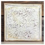 Two Decorative Whitewashed Metal Wall Hangings and Rustic Medal Chalkboard Stand