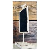 Two Decorative Whitewashed Metal Wall Hangings and Rustic Medal Chalkboard Stand