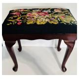 Beautiful Queen Anne Style Dark Wood Floral Embroidered Stool / Bench