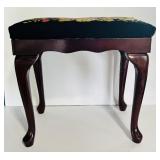 Beautiful Queen Anne Style Dark Wood Floral Embroidered Stool / Bench