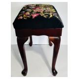 Beautiful Queen Anne Style Dark Wood Floral Embroidered Stool / Bench