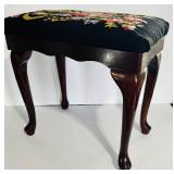 Beautiful Queen Anne Style Dark Wood Floral Embroidered Stool / Bench