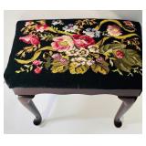 Beautiful Queen Anne Style Dark Wood Floral Embroidered Stool / Bench