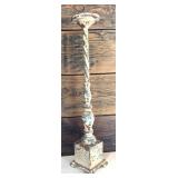 Wood Carved Antique Distressed Candleholder in Blue, Tan and Cream