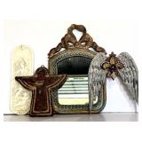 Vintage or Antique-Style Decorative Mirror, Carved High Relief Reproduction Plaque and Abstract Winged Angel Wall Sconce Candleholder Terra Cotta and English Wall Wings