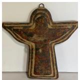 Vintage or Antique-Style Decorative Mirror, Carved High Relief Reproduction Plaque and Abstract Winged Angel Wall Sconce Candleholder Terra Cotta and English Wall Wings