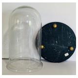 Two Glass Cloches on Wooden Pedestal one with Decorative Tin Sacred Hearts