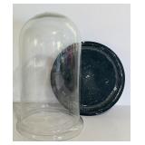 Two Glass Cloches on Wooden Pedestal one with Decorative Tin Sacred Hearts