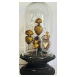 Two Glass Cloches on Wooden Pedestal one with Decorative Tin Sacred Hearts