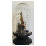 Two Glass Cloches on Wooden Pedestal one with Decorative Tin Sacred Hearts