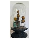 Two Glass Cloches on Wooden Pedestal one with Decorative Tin Sacred Hearts