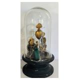Two Glass Cloches on Wooden Pedestal one with Decorative Tin Sacred Hearts