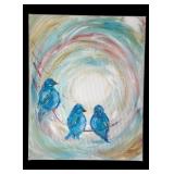 Original 20 x 16 Artwork with Three Blue Birds