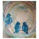 Original 20 x 16 Artwork with Three Blue Birds