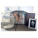 Decorative Home Decor Lot with Cherub Art, Ornate Birdcage, and Framed Art