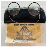Antique Round Eyeglasses with Metal Frames and Case