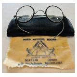 Antique Round Eyeglasses with Metal Frames and Case