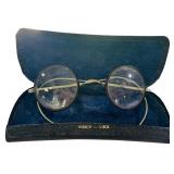 Antique Round Eyeglasses with Metal Frames and Case