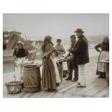 Pair of Framed Frank Sutcliffe Sepia Photographs, Quayside Fish Stall and Girls Skaning Mussels