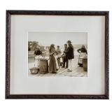 Pair of Framed Frank Sutcliffe Sepia Photographs, Quayside Fish Stall and Girls Skaning Mussels