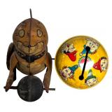 Vintage Marx Pressed Tin Wind Up Toy, Sandy from Little Orphan Annie and Vintage Lithograph Baby Rattle